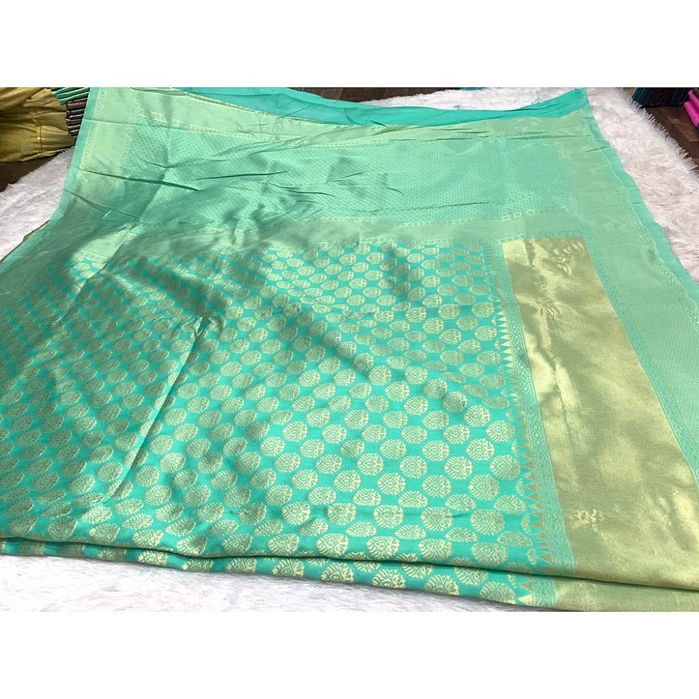 Sea green lichi silk jacquard weaving work wedding sare
