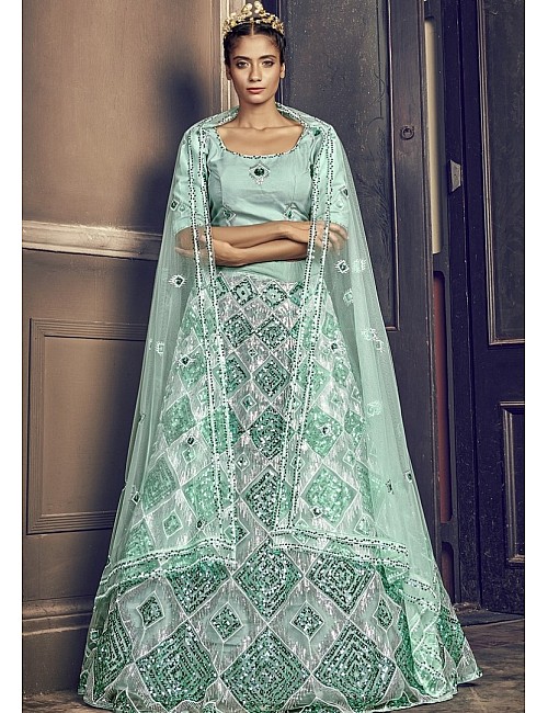 Sea green net sequence embroidered work party wear lehenga choli