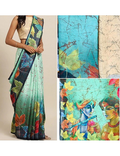 Sea green original linen digital printed work fancy saree