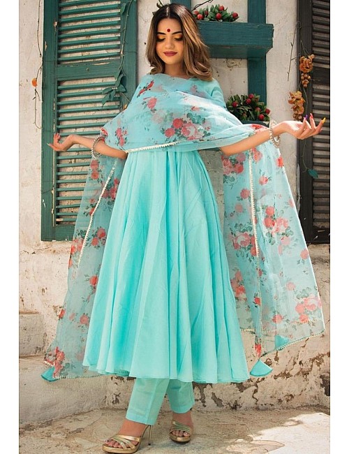 Sea green pc cotton party wear gown with printed dupatta  