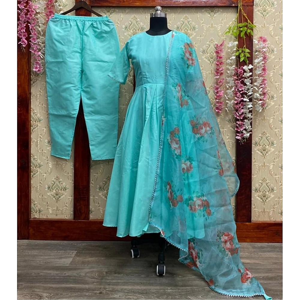 Sea green pc cotton party wear gown with printed dupatta