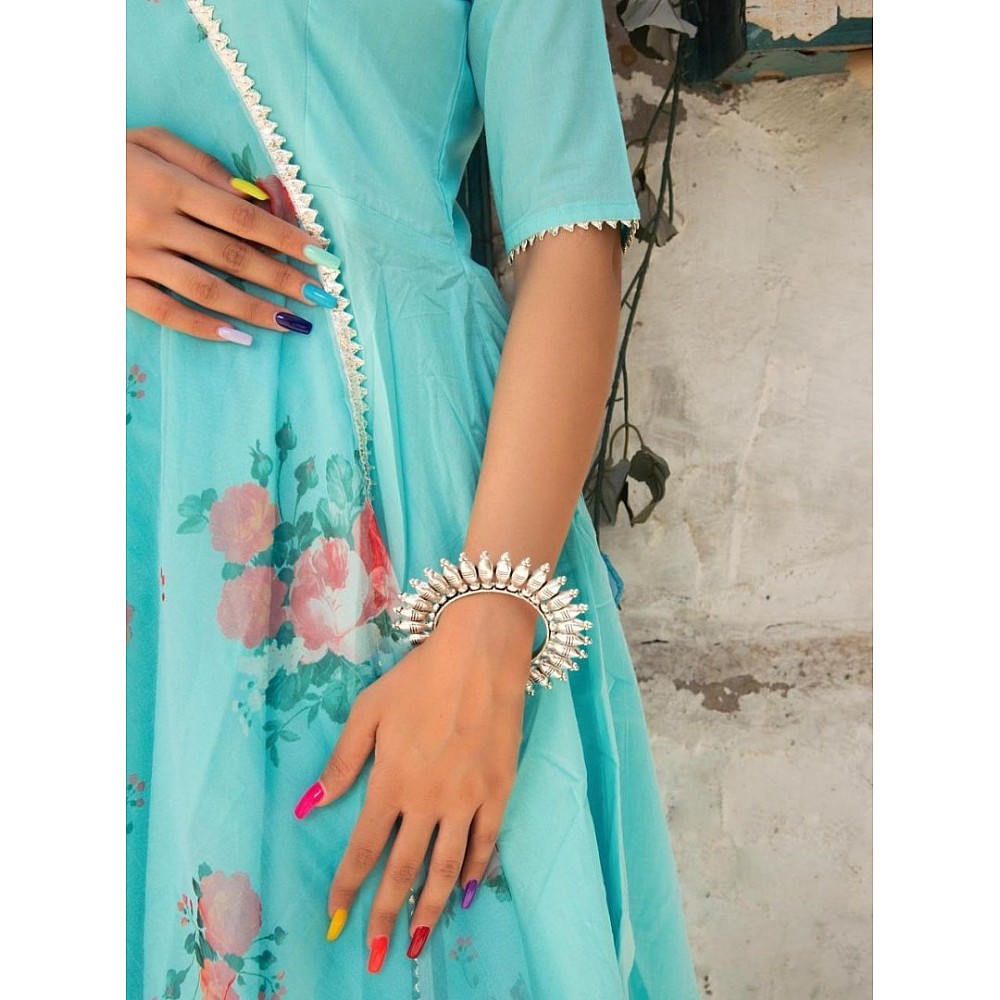 Sea green pc cotton party wear gown with printed dupatta