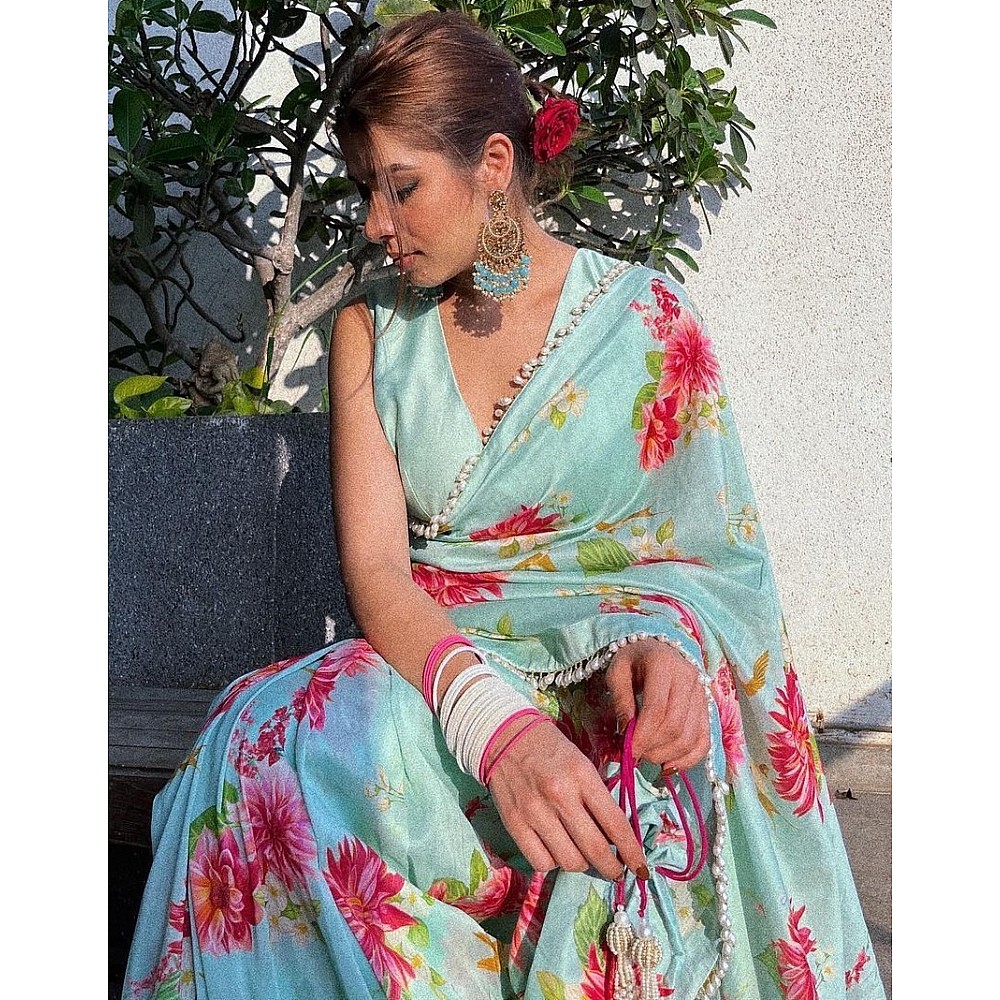 Sea green satin silk flower printed tassel border saree