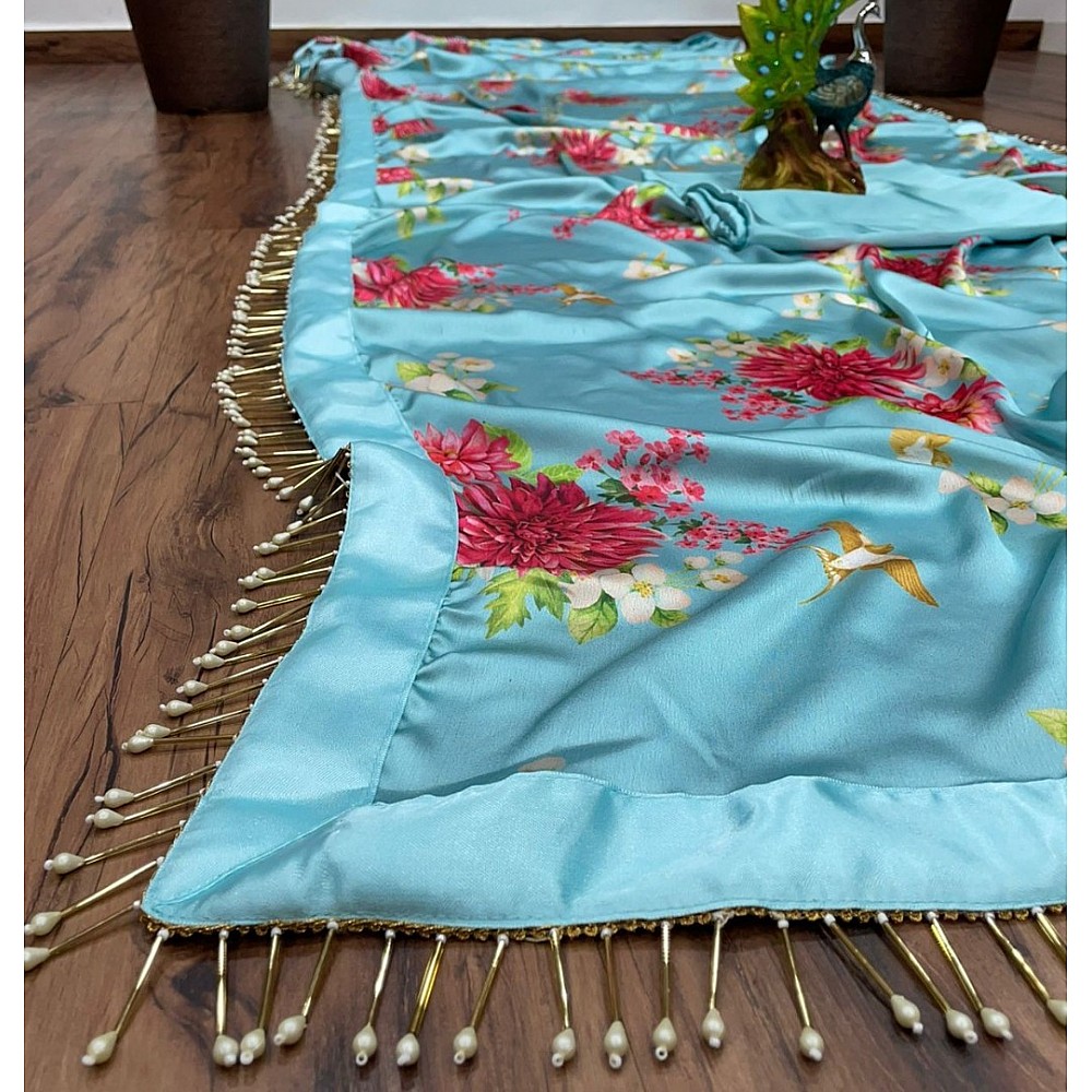 Sea green satin silk flower printed tassel border saree