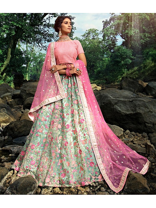 pista and pink lehenga combinations | WedAbout