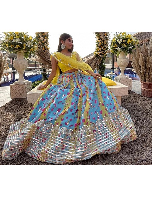 Sky blue and yellow georgette digital printed with paper miror worked lehenga choli