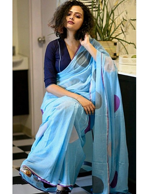 Sky blue cotton chanderi original digital printed work saree