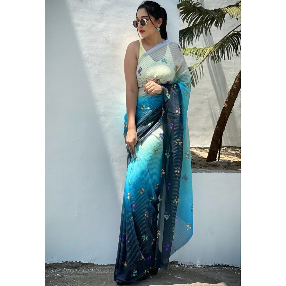 Sky blue georgette sequence digital printed work party wear saree 