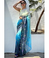 Sky blue georgette sequence digital printed work party wear saree