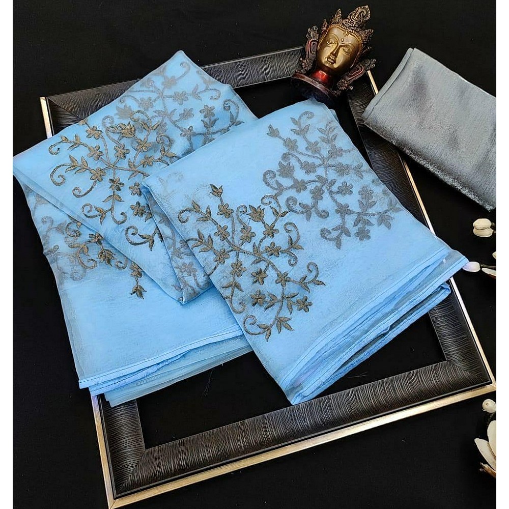 Sky blue heavy crushed silk coding flower work saree