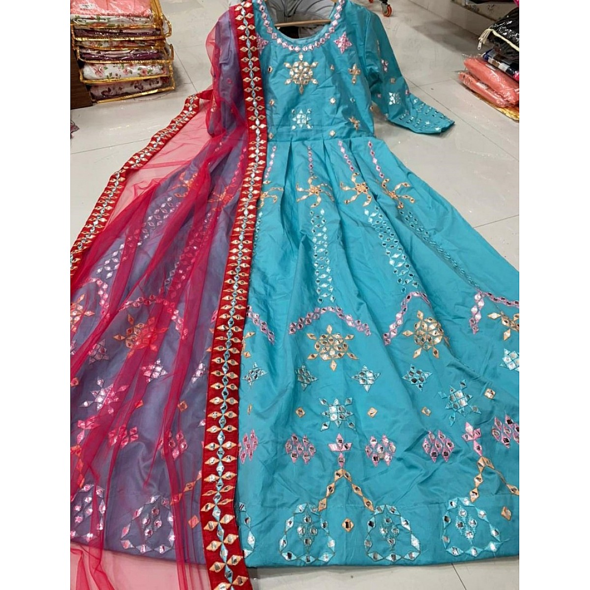 Gown : Sky blue heavy taffeta silk thread embroidered mirror ...