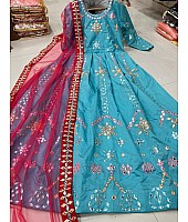 Sky blue heavy taffeta silk thread embroidered mirror work gown