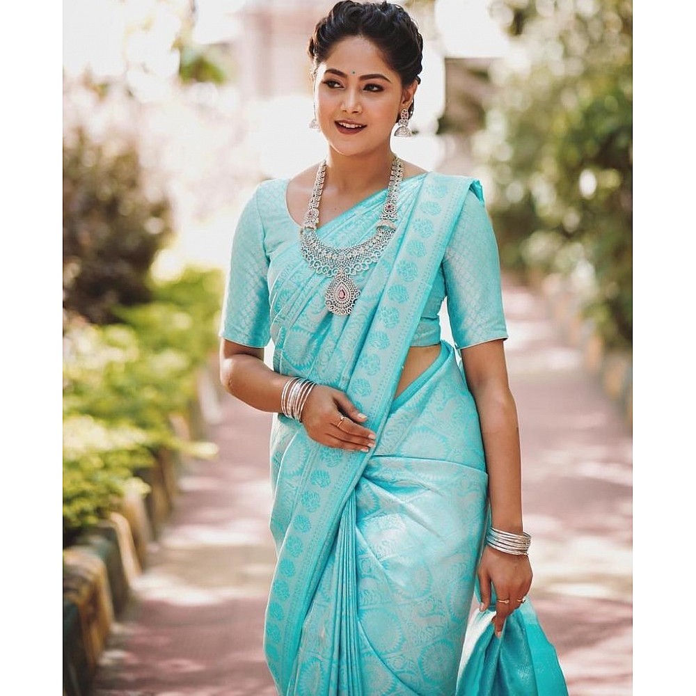 Sky blue kanchipuram silk jacquard weaving work wedding work saree