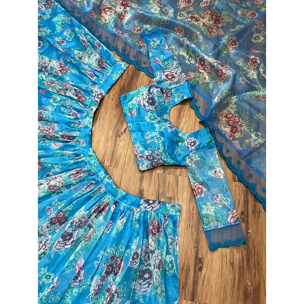 Sky blue organza floral printed lehenga choli