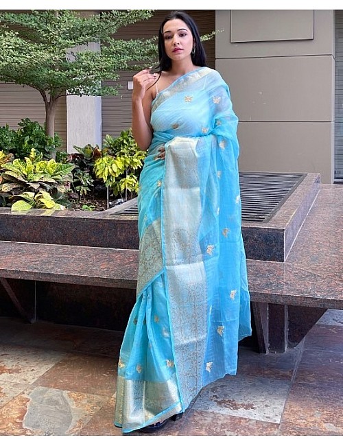 Sky blue organza sequence embroidered designer party wear saree