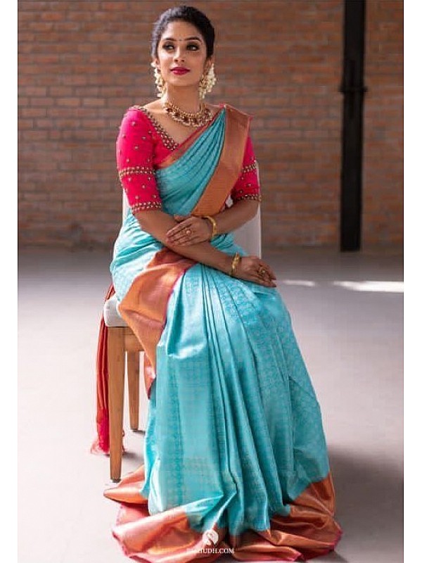 Buy AT Vaghasiya Women's Kanchipuram Litchi Silk Saree With Blouse Piece  (DW - Sky Blue _Sky Blue) at Amazon.in