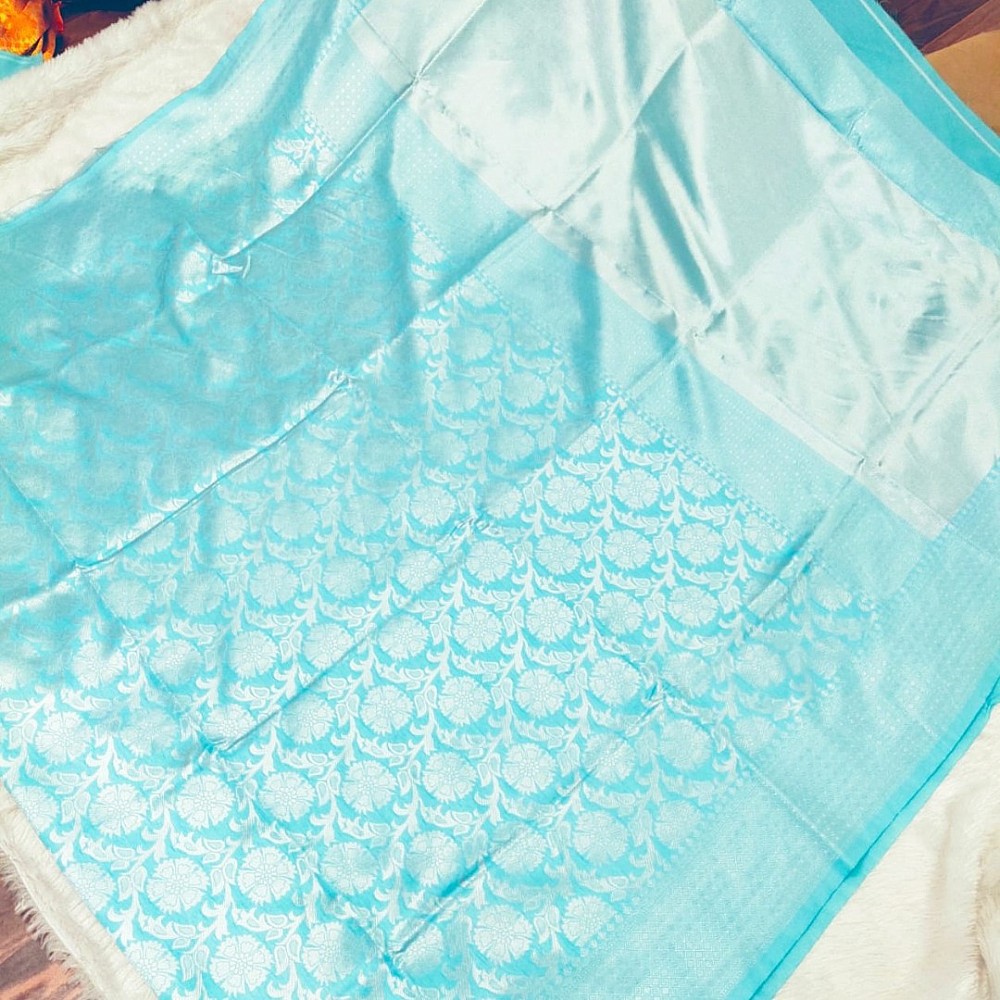 Sky blue soft lichi silk jacquard weaving work ceremonial saree