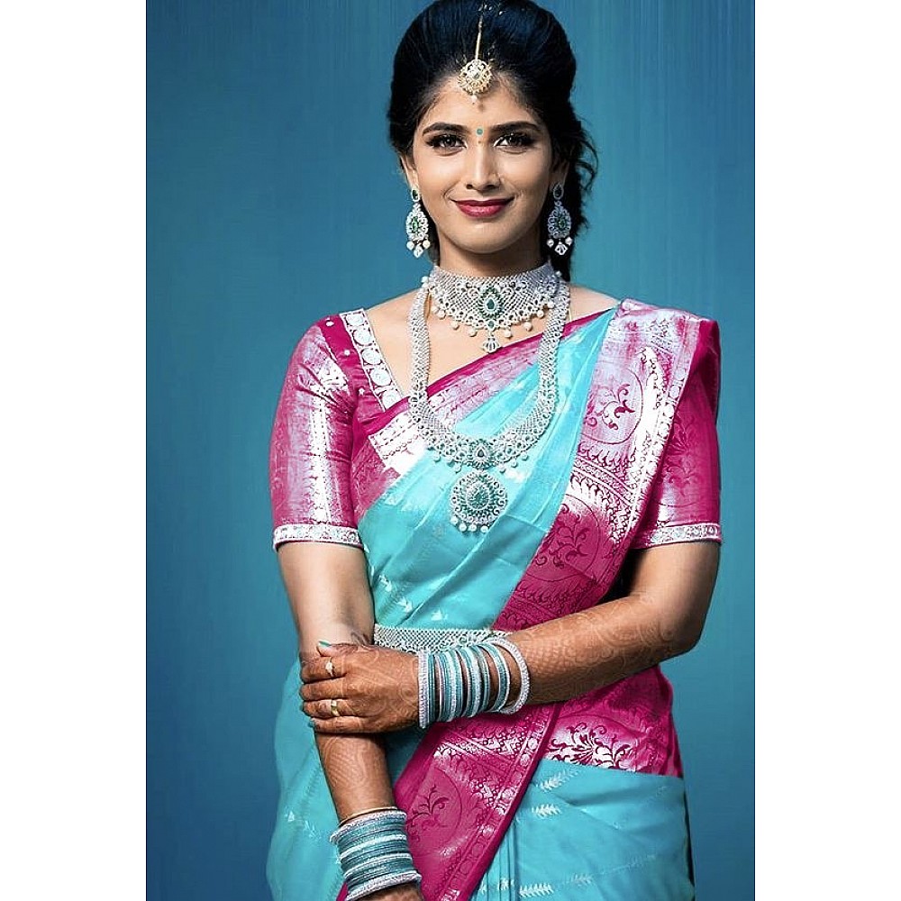 Sky blue soft lichi silk jacquard weaving work wedding saree