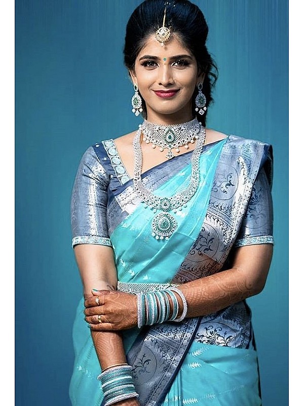 Sky Blue Hand Woven Lucknowi Cotton Saree – zarikaariindia.com