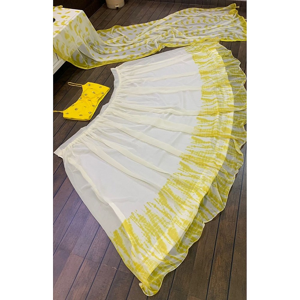 White and yellow georgette shibori printed lehenga choli