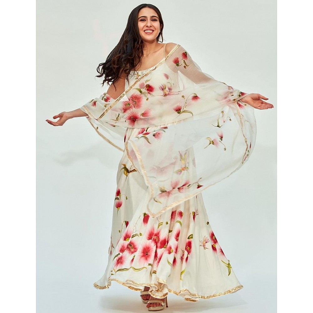 White chinon silk printed gown with dupatta