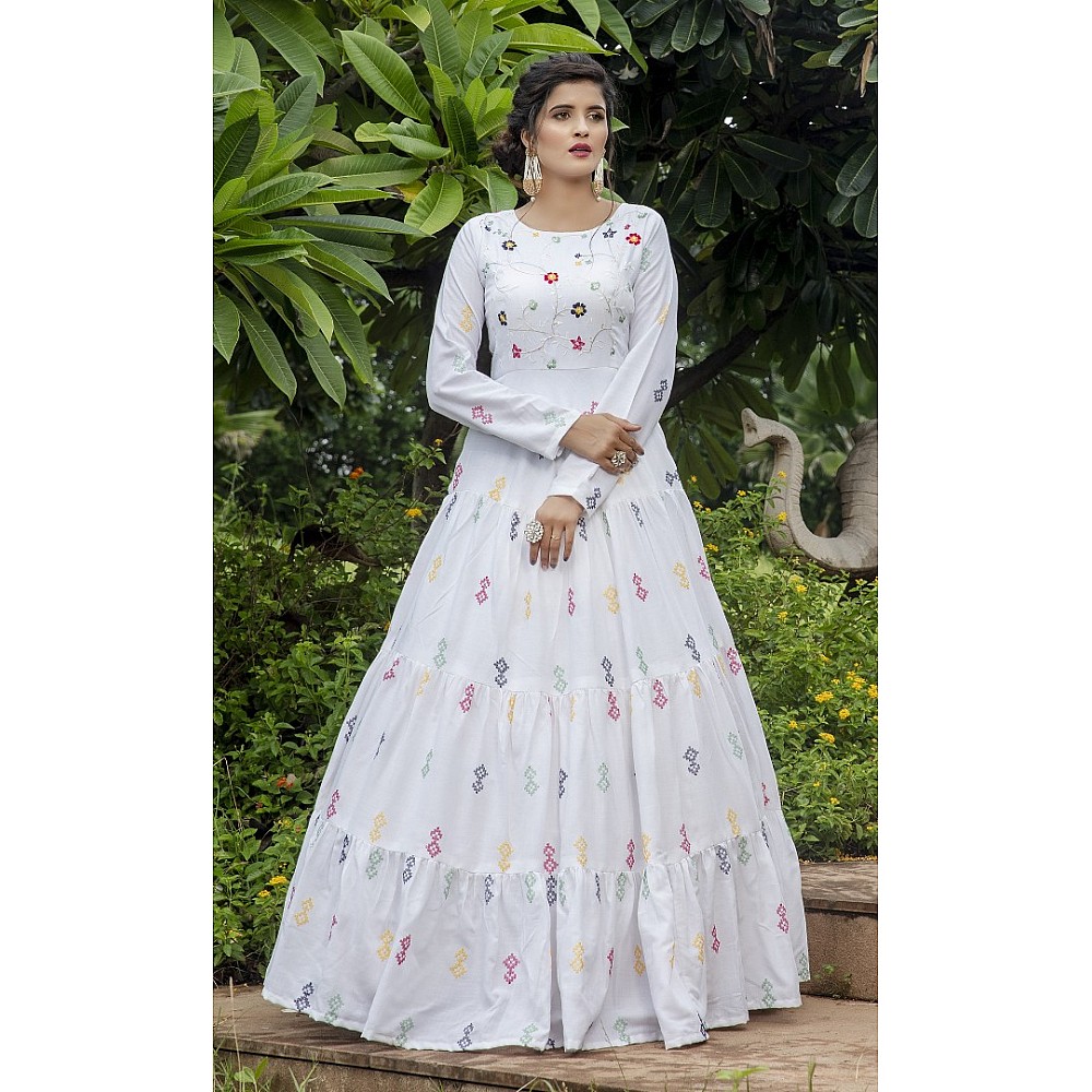 White cotton embroidered sequence party wear anarkali gown 