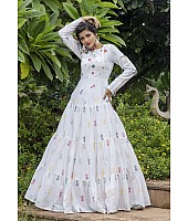 White cotton embroidered sequence party wear anarkali gown