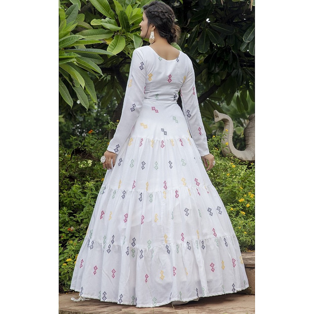 White cotton embroidered sequence party wear anarkali gown 