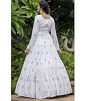 White cotton embroidered sequence party wear anarkali gown