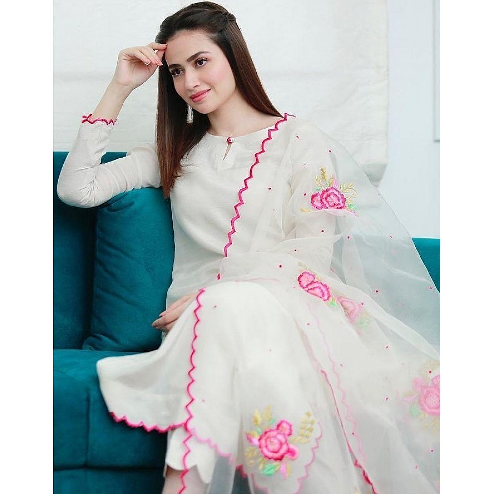 White cotton suit with embroidered dupatta