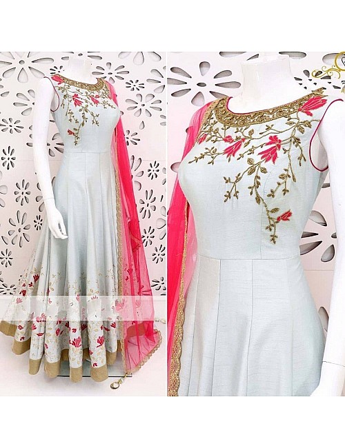 White fusing covered banglori silk embroidered gown