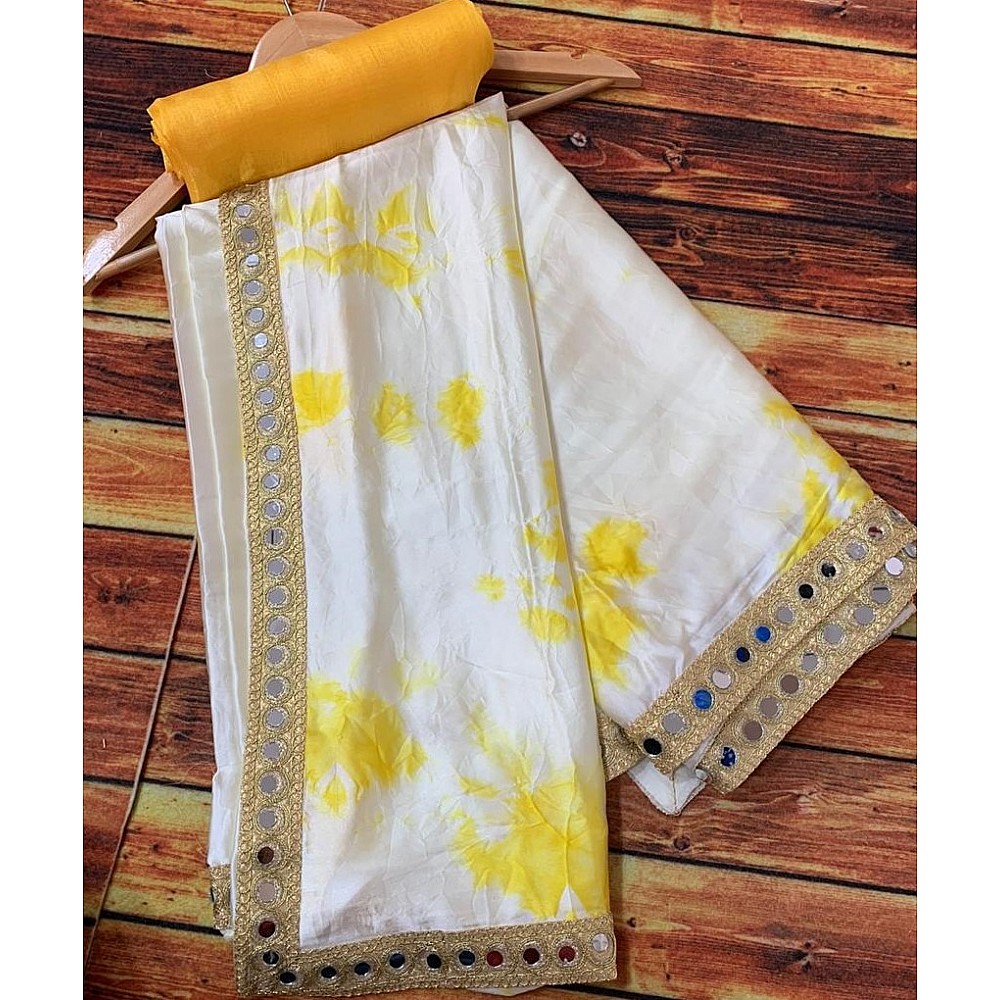 White gaji silk original mirror border handprinted work saree