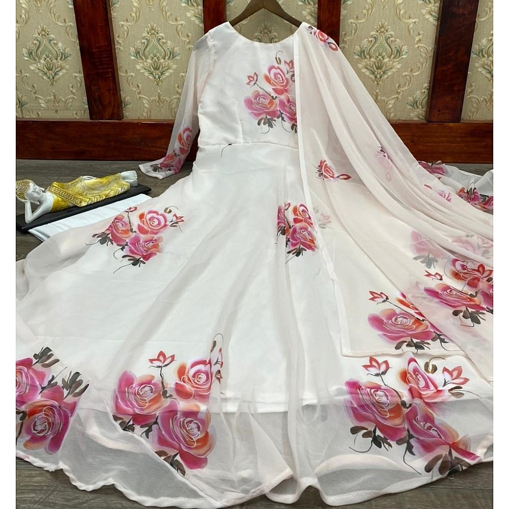 White georgette digital flower printed party wear gown 