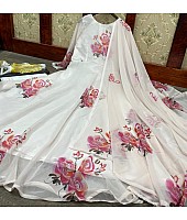 White georgette digital flower printed party wear gown