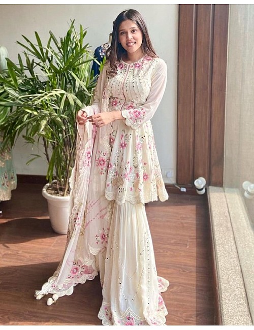 White georgette embroidered work suit with sharara 