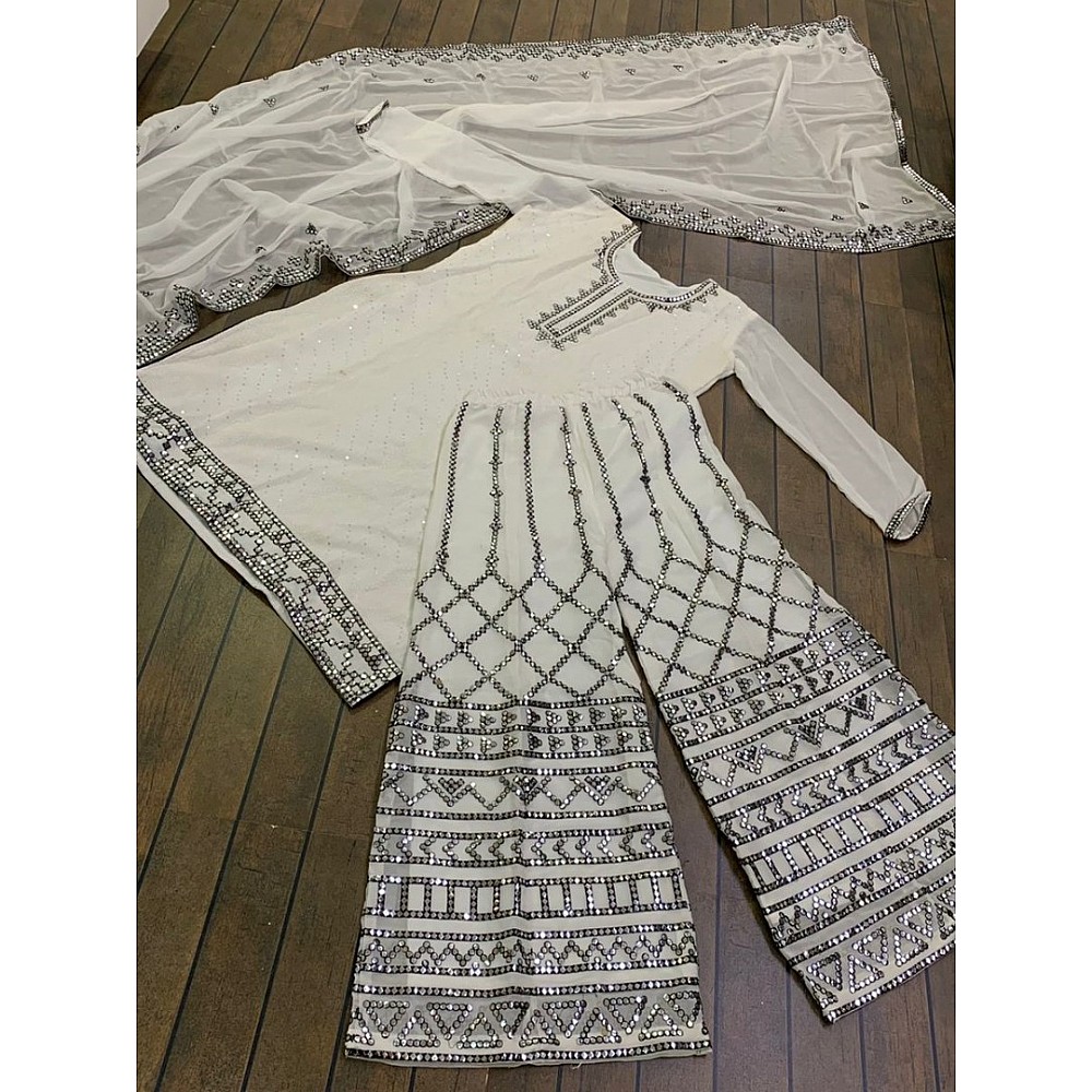 White georgette heavy sequence and paper mirror work plazzo suit