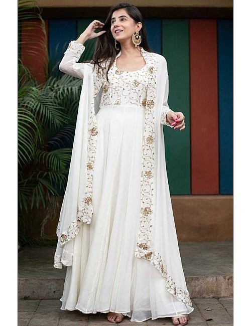 White georgette sequence work long anarkali suit