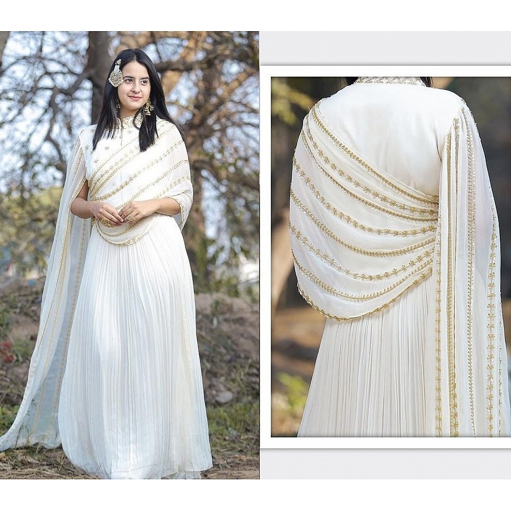 White georgette thread zari with sequence work party wear gown