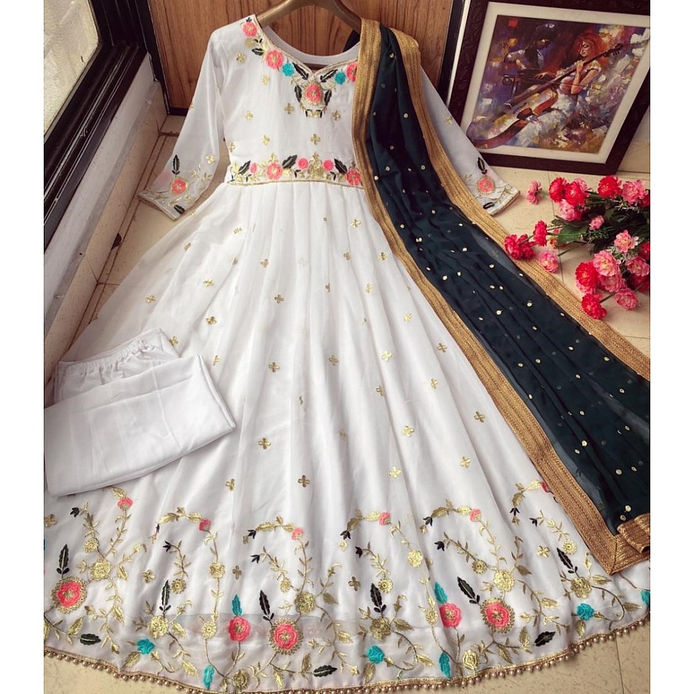White heavy georgette embroidered work party wear gown