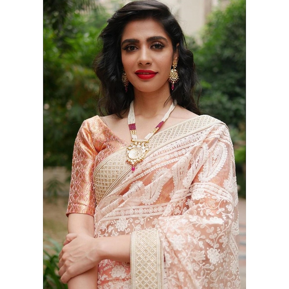 White heavy soft net embroidered saree