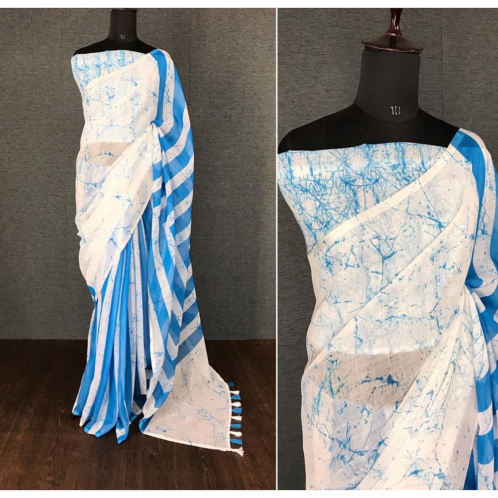 White linen digital printed with cotton tussles work saree
