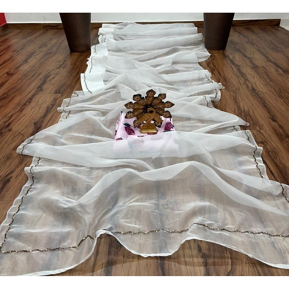 White organza silk handwork ceremonial wear saree