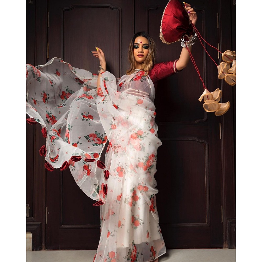 White organza with digital printed fancy saree