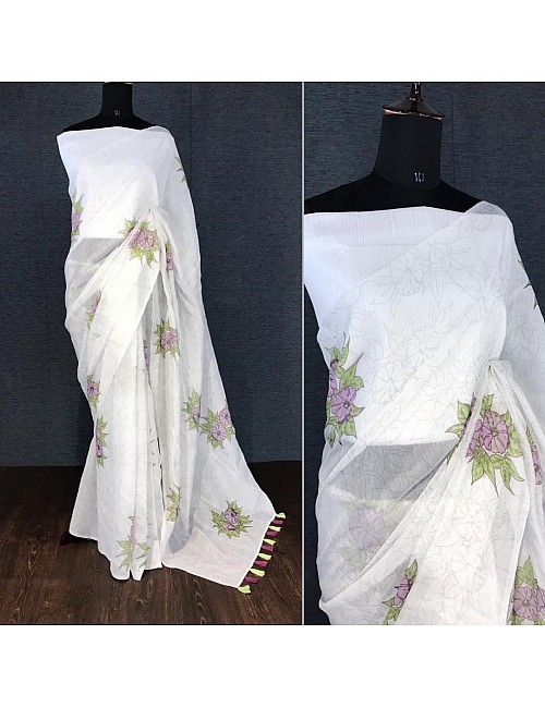 White semi chanderi linen digital flower printed work saree