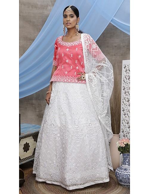 White silk art sequence embroidered party wear lehenga choli