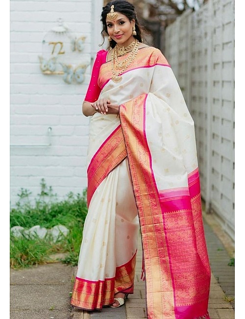 White soft silk heavy jacquard weaving work wedding saree 