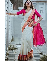 White soft silk heavy jacquard weaving work wedding saree