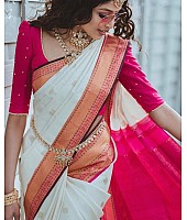 White soft silk heavy jacquard weaving work wedding saree