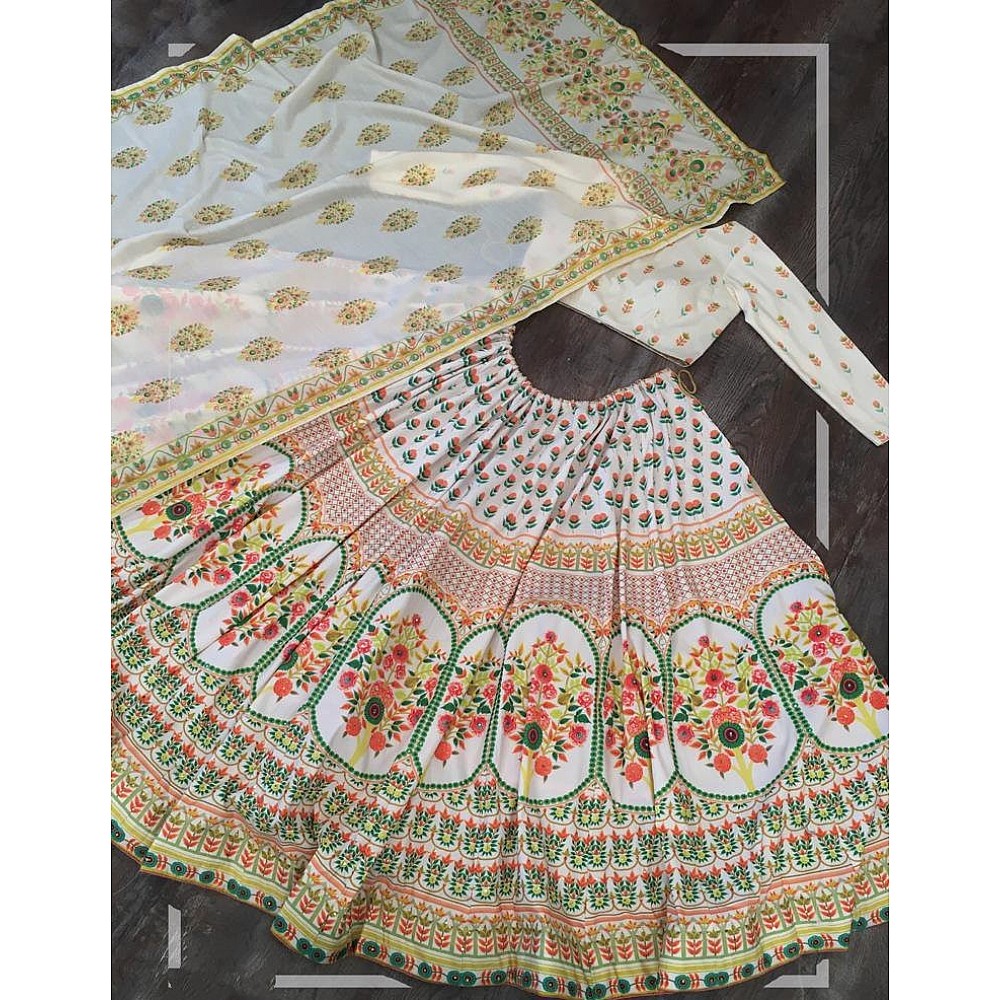 White vaishali silk printed embellish sequins work lehenga choli