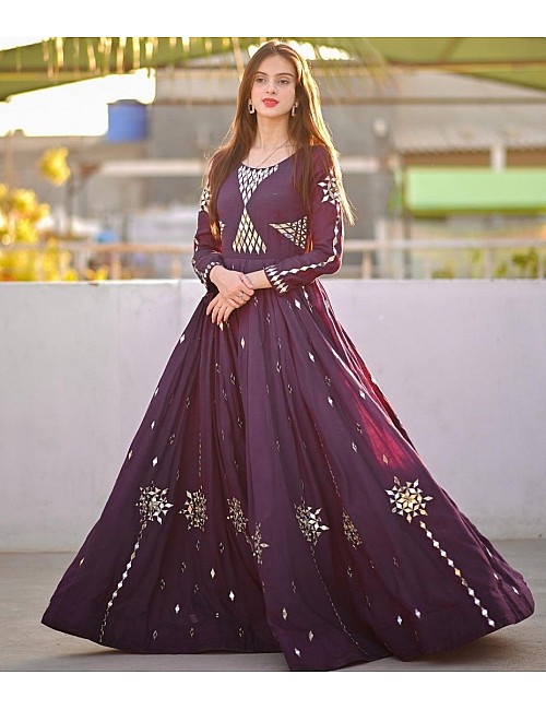 Wine georgette embroidered and real mirror work gown 